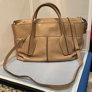 EUC TOD’S Tan Beige 2-Way Satchel Leather Silver HW Crossbody Purse Bag Lux Auth